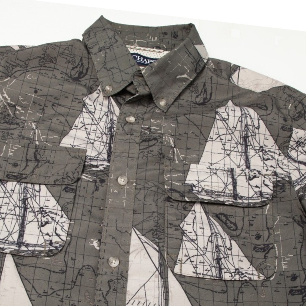 Chaps Button Down Shirt Mens Medium Gray Nautical Sailboat Map Short Sleeve